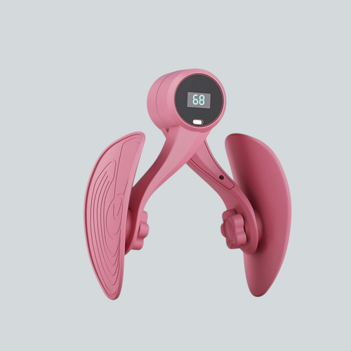Velvet Nightのデジタルディスプレイ付きピンク色太もも内転筋トレーニング機器。ピラティスや産後ケアに最適なレッグクランプ。